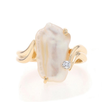 Yellow Gold Baroque Cultured Pearl Diamond Bypass Ring - 14k